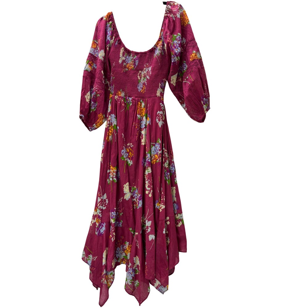 Free People Magenta Floral Smocked Handkerchief Hem Midi Dress XS